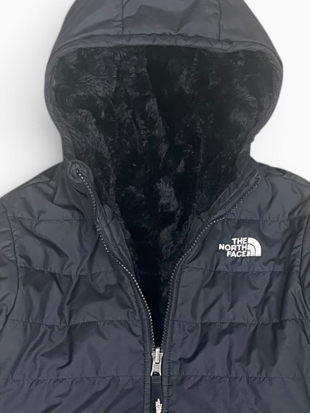 North Face Girls Reversible Mossbud Swirl Parka Jacket Size Medium Black Hooded - Picture 3 of 11